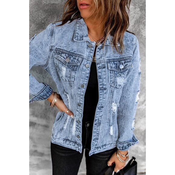 Brand New Women's A-Blue Cotton Distressed Boyfriend Denim Jacket with Pockets - Picture 3 of 6